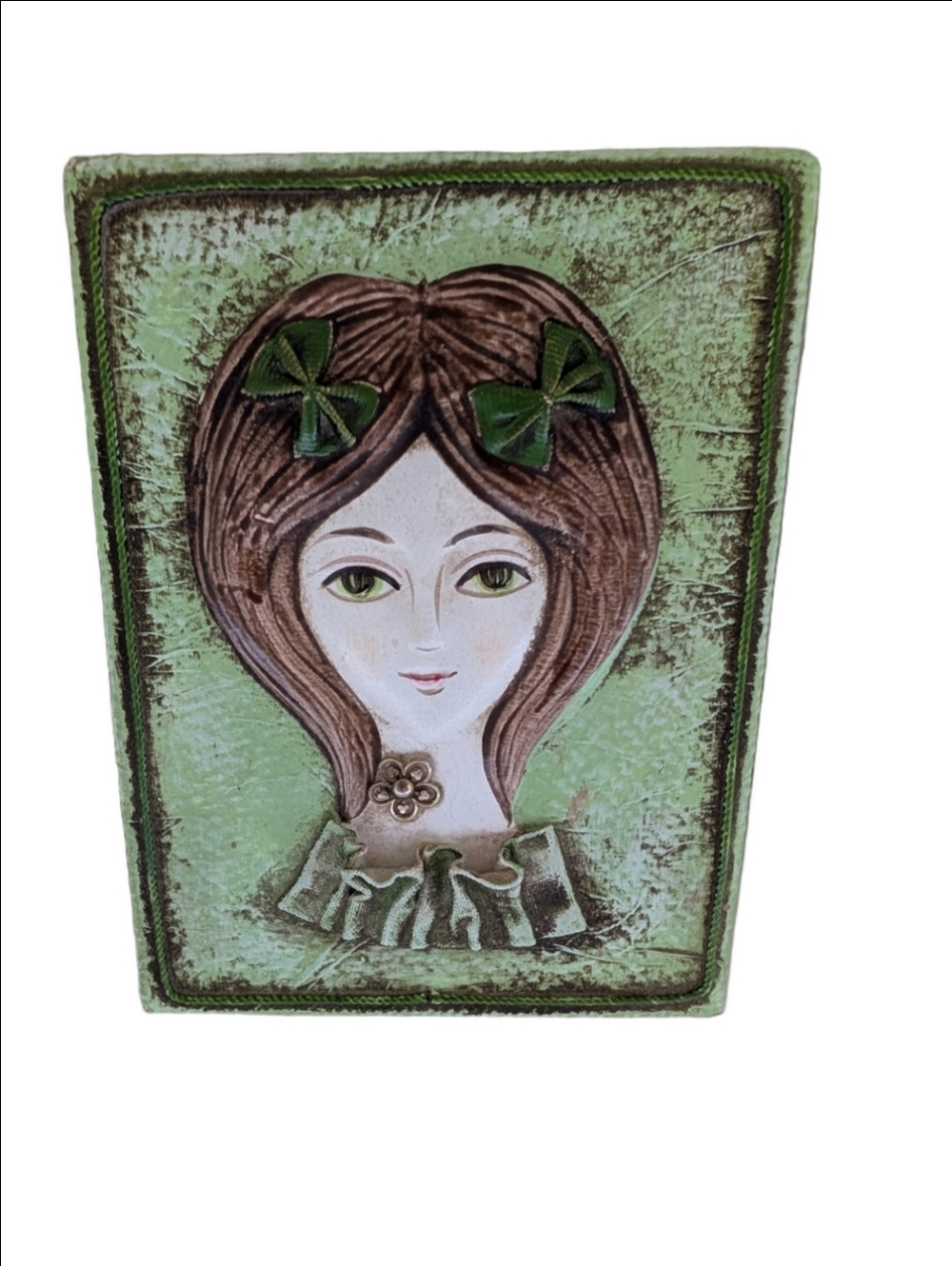 Vintage Jewelry Box With Girl Portrait  in Green and Brown Wood